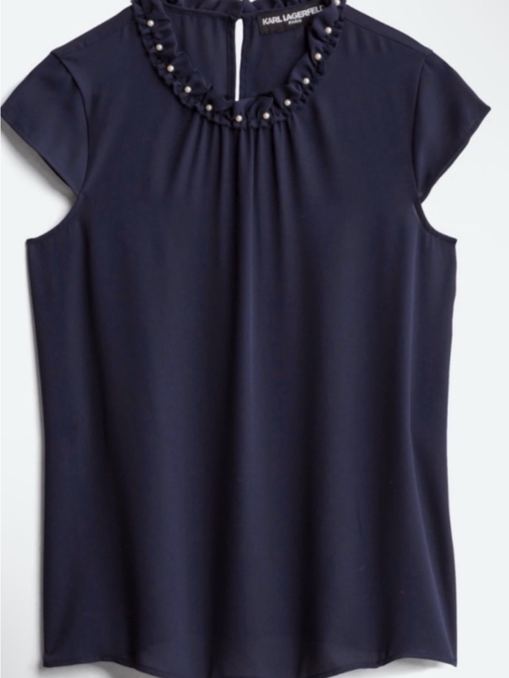 Karl Lagerfeld Navy Ruffled Pearl-Trim Cap Sleeve Blouse